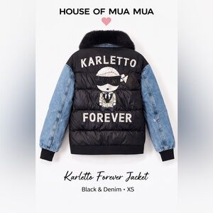 EUC HOUSE OF MUA MUA KARLETTO IS MY BESTFRIEND BLACK & DENIM DUVET JACKET Sz XS